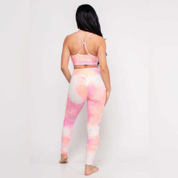 NWT PEACH TYE DIE FITNESS ACTIVE WEAR 2PCS SET SPAGHETTI STRAP SPORT BRA LEGGING - Picture 2 of 3